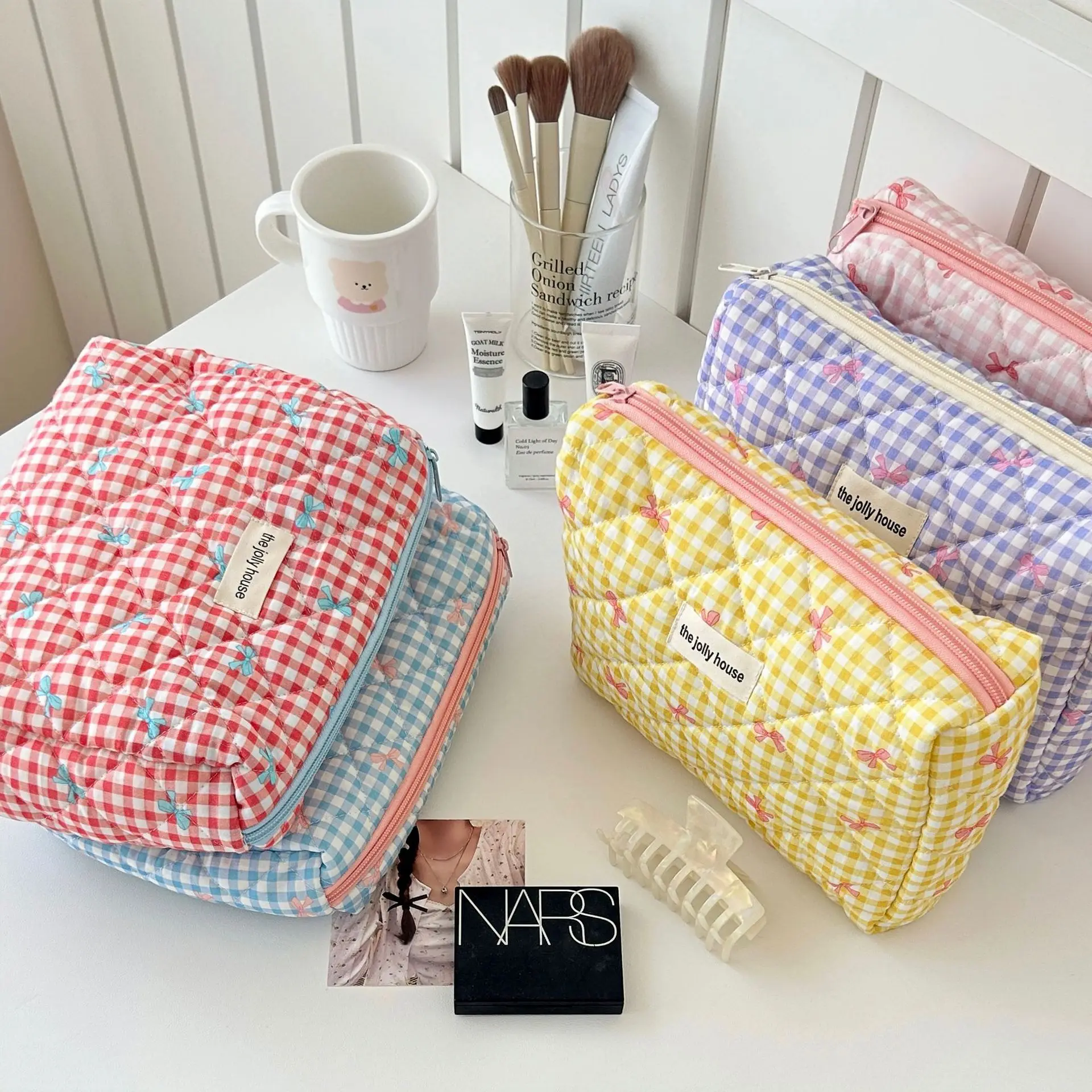 Bolsa de maquillaje de algodón con lazo bonito, organizador de cosméticos con cremallera para mujer, estuche de aseo portátil con forma de caja de tela para niñas
