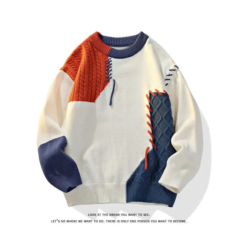2025 outono inverno quente masculino suéteres estilo coreano retalhos pullovers em torno do pescoço camisola de malha das mulheres dos homens moda malhas
