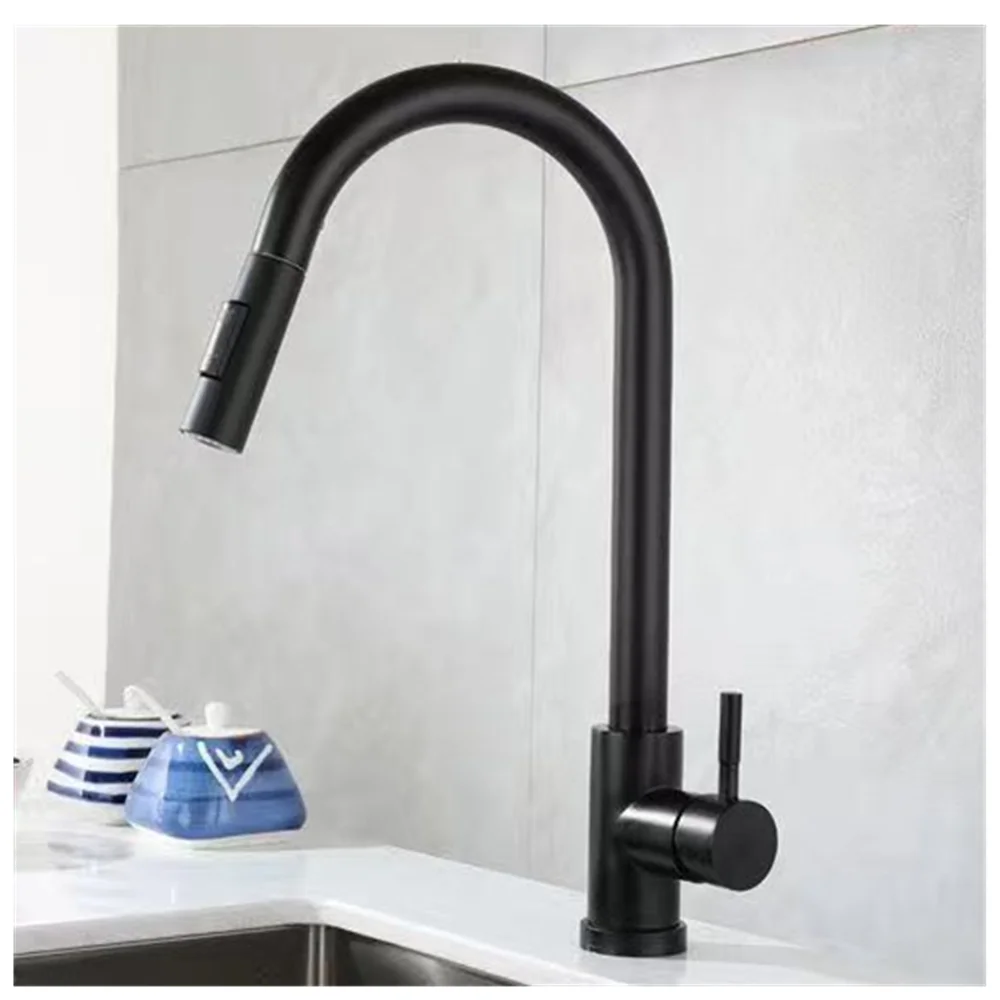 Schwarzer Küchenarmatur, flexibel, herausziehbar, 2 Modi, Düse, Heiß- und Kaltwasser-Mischbatterie, Deckmontage, Sprühgerät und Stream SUS 304-Wasserhähne