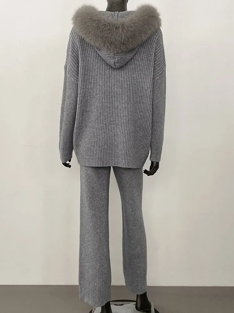 Furyurself 2025 primavera mulher com capuz pulôver camisola de caxemira emenda natural gola de pele de raposa outerwears camisola terno