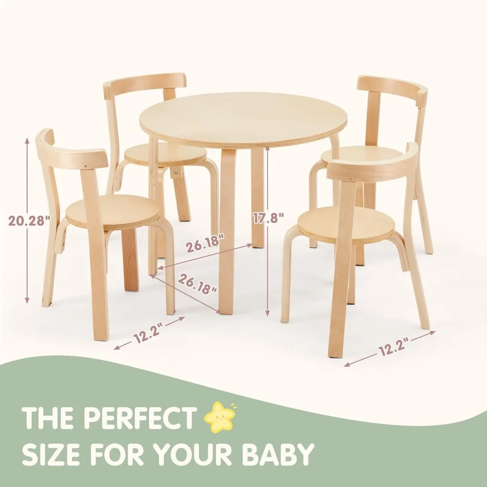 Kids Table and 4 Chairs Set - Round Table and Chair Set for Children, EN71 Certified, Birch Veneer - Wooden Dining Play Set for