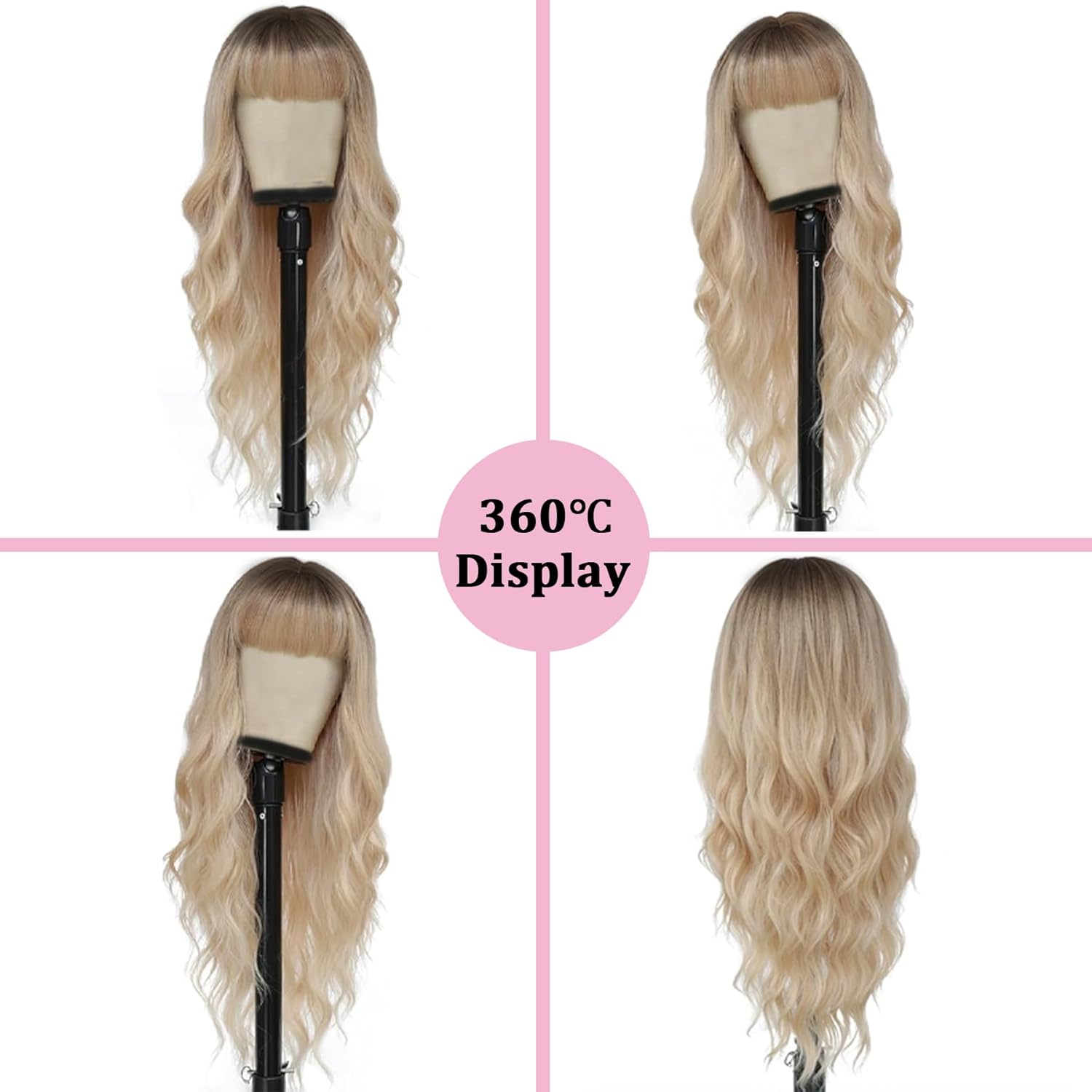 Ombre Blonde Perücke mit Pony, lange gewellte Perücke, platinblonde Perücken für Frauen mit dunklen Wurzeln, natürliche synthetische Perücken, lockiges Haar