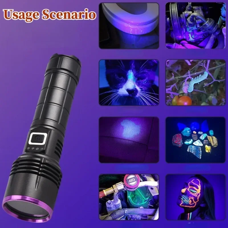 Leistungsstarke 365 NM UV-Taschenlampe, USB wiederaufladbar, wasserdicht, violettes Licht, UV-Taschenlampe für Haustier-Urinflecken-Detektor, Verwendung von 18650-Batterien