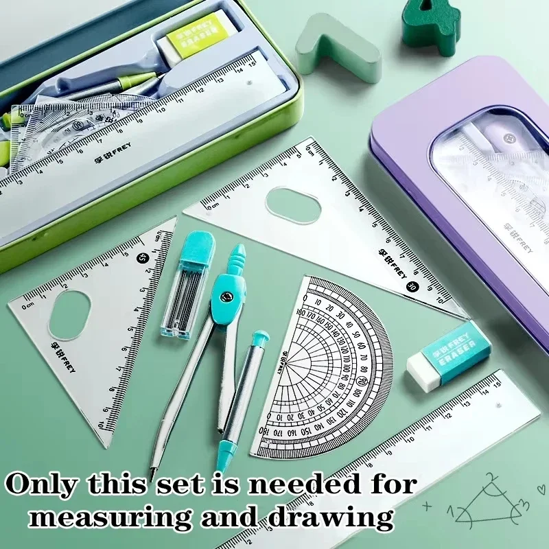7 teile/satz Kompass und Lineal Sets Dreieck Lineal Winkelmesser Gummi Student Prüfung Spezifische Lineal Box Set Lineal Set Schule Beginnt