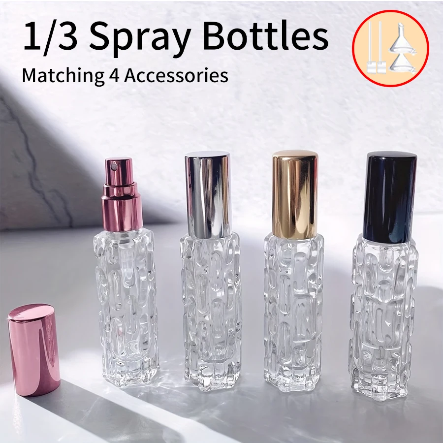 1/3/6pcs + 4 acessórios 10ml recipiente atomizador de perfume para viagem com 3 frascos de spray, 2 funis, 2 divisores dispensadores