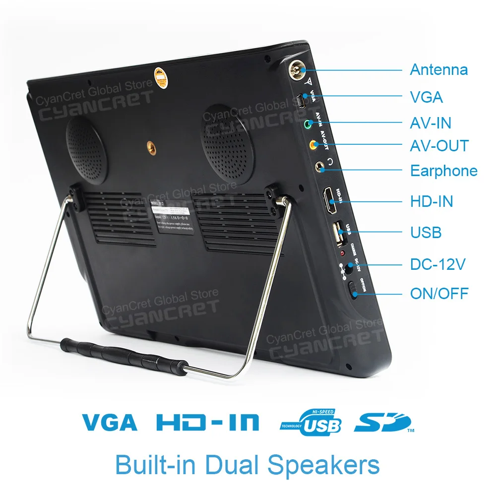 LEADSTAR D12 12 นิ้ว HD แบบพกพาทีวี DVB-T2 tdt DTT Digital และ Analog mini รถขนาดเล็กโทรทัศน์สนับสนุน USB SD Card MP4 AC3