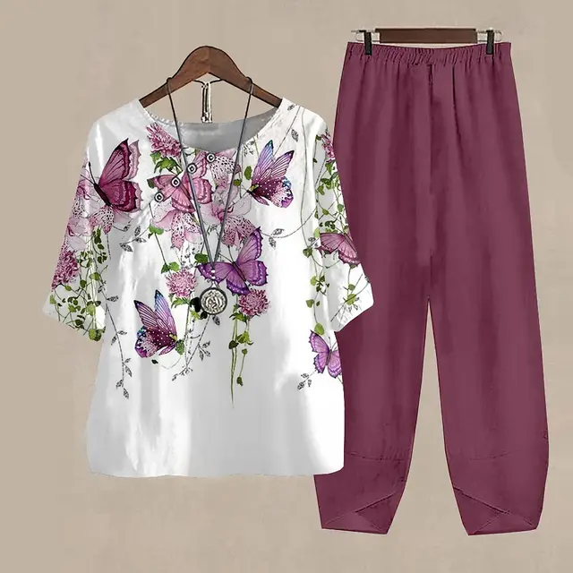 Traje Vintage elegante para mujer, conjunto de dos piezas blanco con estampado de mariposa, trajes sueltos informales para mujer, camisa de manga corta con cuello redondo y pantalones