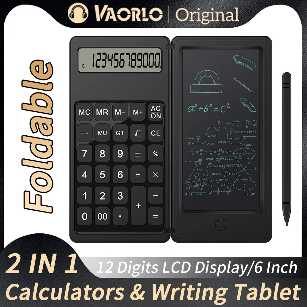 VAORLO Inteligentny kalkulator 2 w 1 i 6-calowy tablet do pisania Składany 12-cyfrowy wyświetlacz LCD dla biurowych nauczycieli studentów