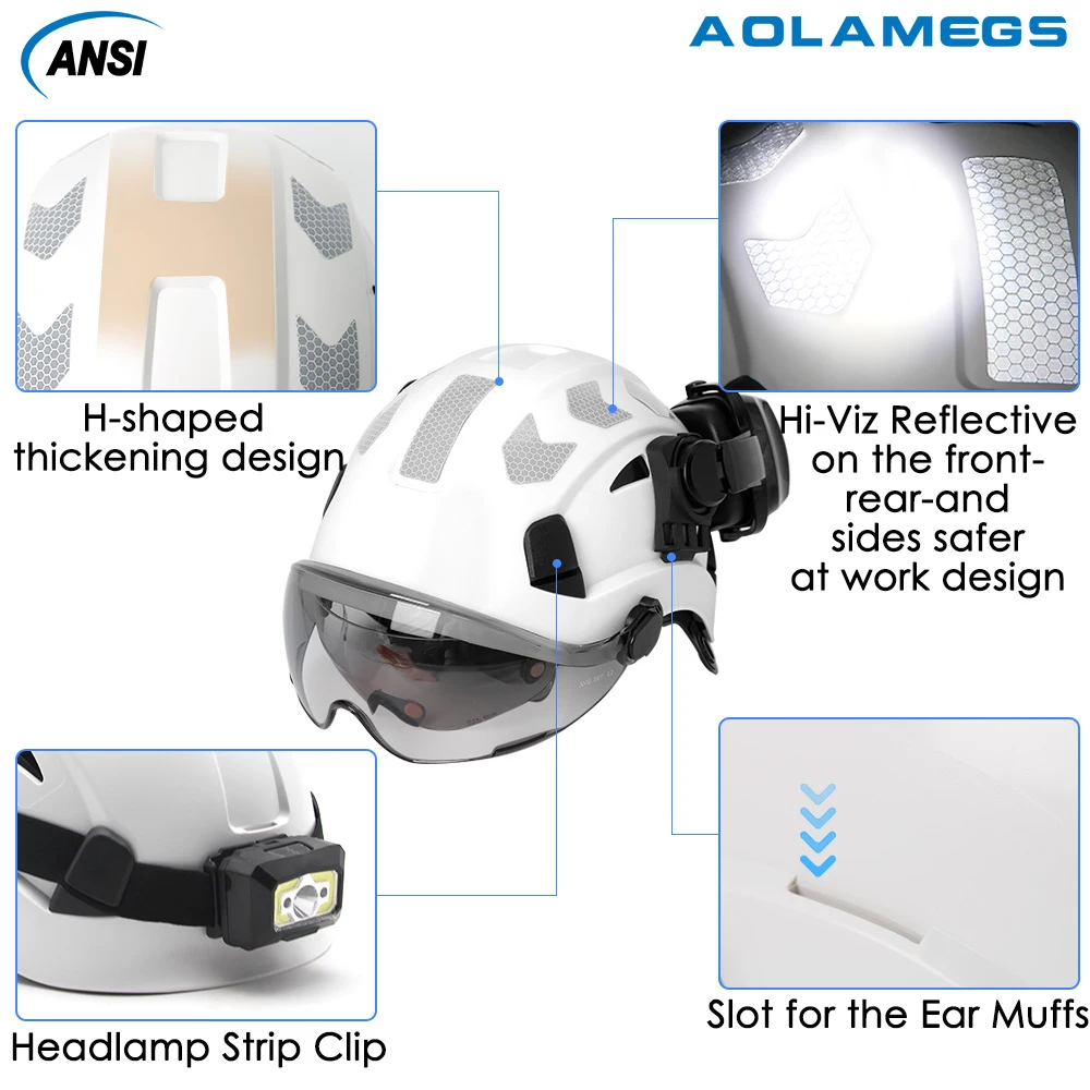 CE Construction Safety Helmet With Visor Built In Goggles Earmuffs Reflective Stickers For Engineer ABS Hard Hat ANSI Industrial