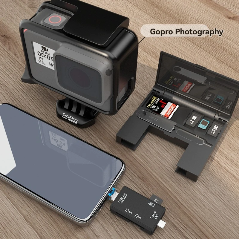 Multi functional six inOneCardReader OTG iPhone Type-C Micro SD CardFlashDrive intelligentStoragecard TF SD CardReaderStorageBox
