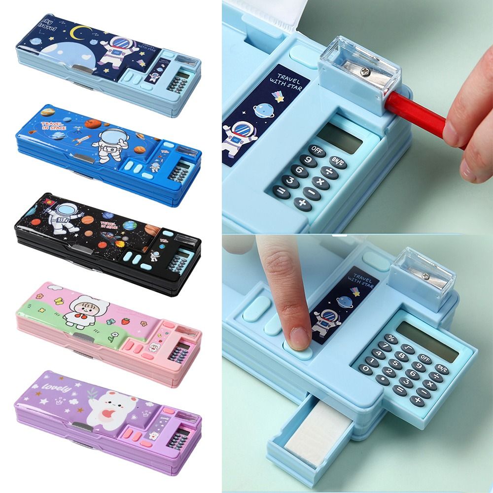Double Layer Pencil Case Astronaut Animal Design Pencil Sharpener Pencil Box Plastic With Calculator Stationery Organizer