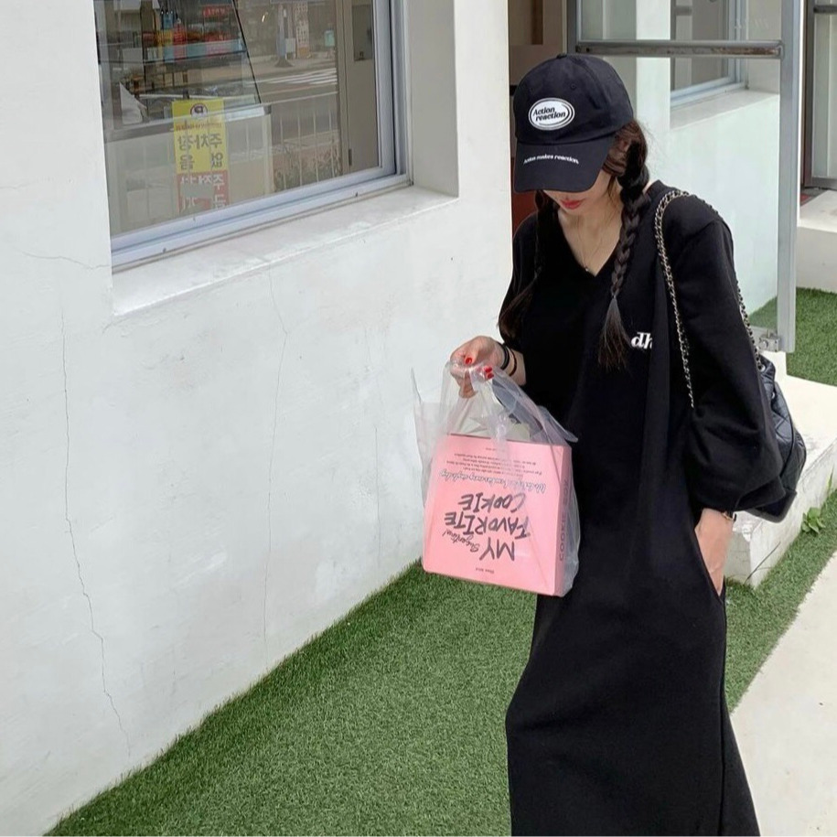 자수 스웨터 드레스 V넥 긴소매 자수 캐주얼 알파벳 브이넥 롱슬리브 스웨터 드레스 원피스 스웨터 드레스