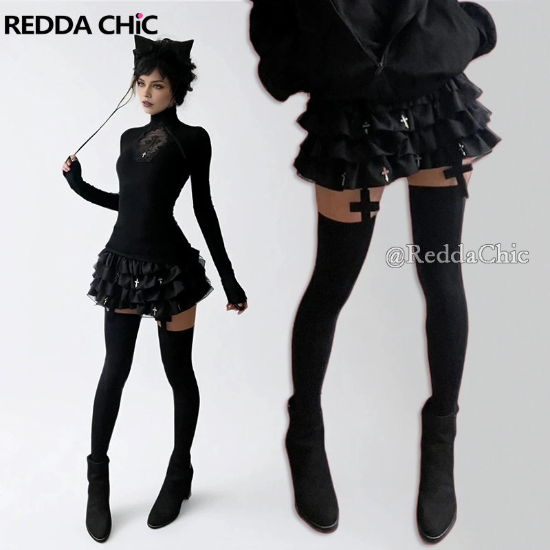 REddachic-女性のためのレトロな伸縮性ウエストロリータパンティー、代替ゴスクロス装飾、段付きフリルブルマ、ケーキボトムス、カボチャショーツ、黒
