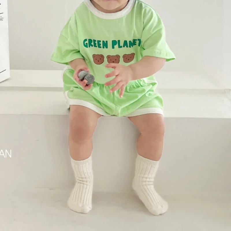Chándales de verano para bebé, Camiseta de algodón con estampado de oso bonito + conjuntos de ropa deportiva informal corta para niño, conjunto de moda para bebés