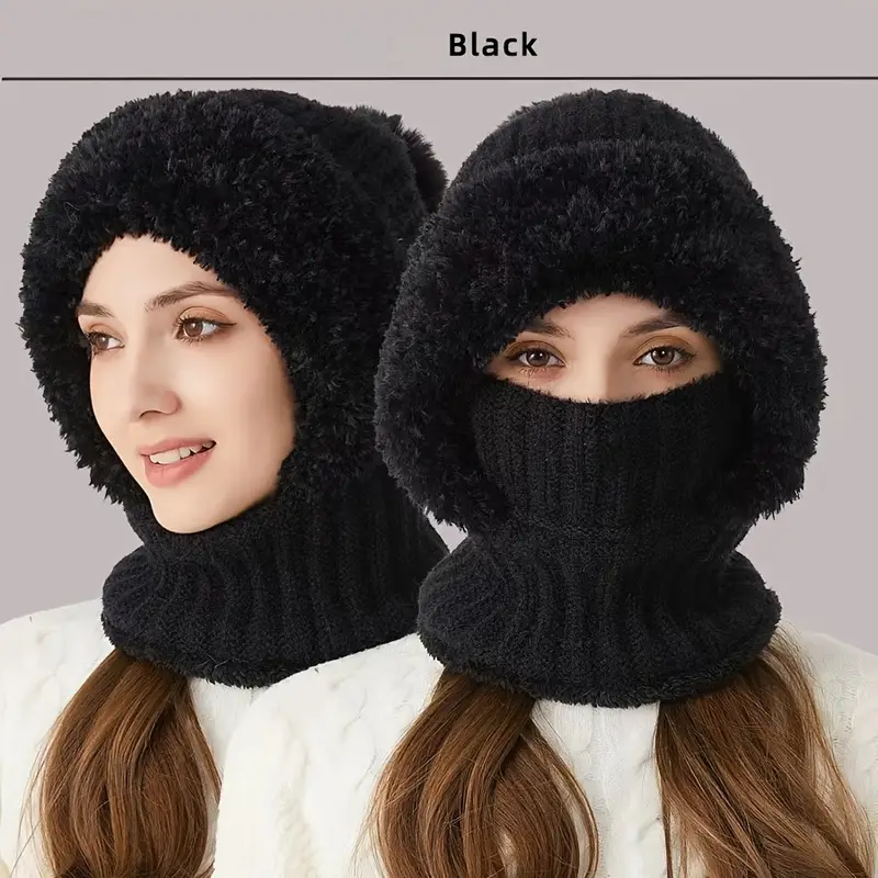 Chapéu de malha forrado de lã de inverno com abas de orelha, polaina de pescoço com capuz quente e à prova de vento para ciclismo ao ar livre