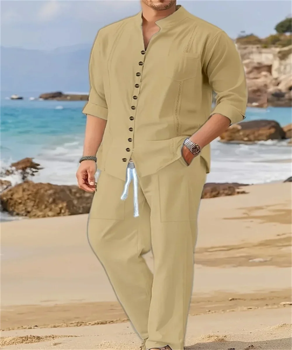 2025, Frühling und Herbst, kubanischer Stil, modisches Herrenhemd, Trend, lässig, mit mehreren Knöpfen, Stehkragen, lockere Langarm-Hosen, Strandanzug