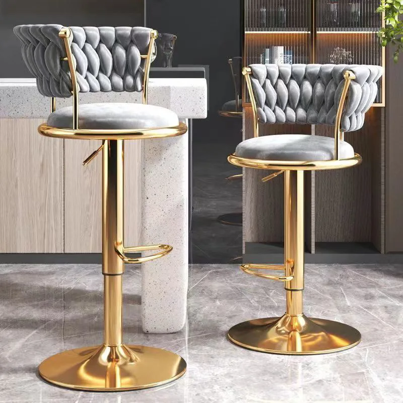 Bancos de bar tecidos, bancos de bar giratórios com altura de balcão dourado, design com encosto baixo para ilha de cozinha, assentos elegantes