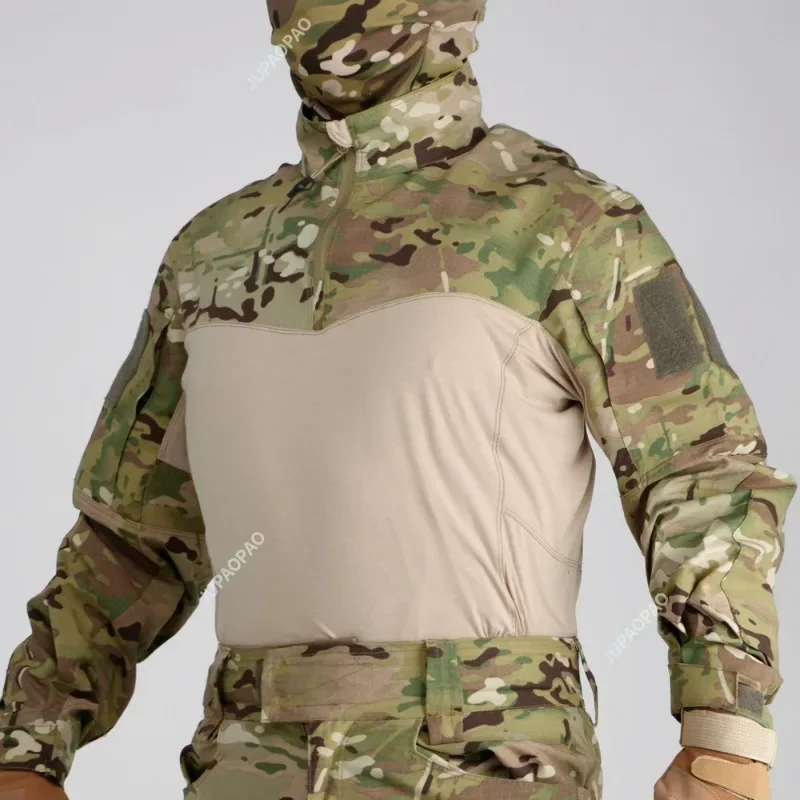 Camisa de combate táctico de camuflaje para hombre, uniforme de algodón elástico con cremallera, camiseta de manga larga, transpirable y resistente al desgaste