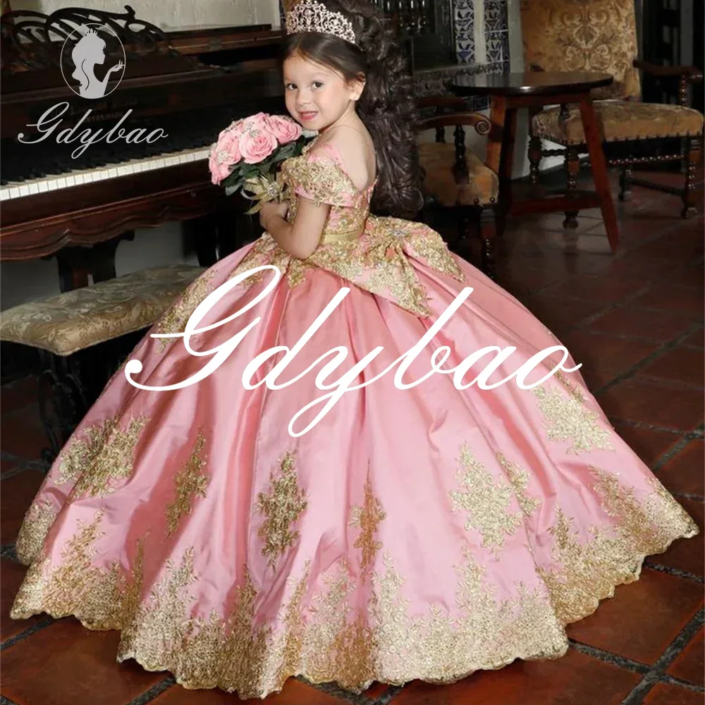 Luxus goldene Applikation voller Ball Prinzessin Hochzeits feier Blumen mädchen Kleid von der Schulter boden lang Erstkommunion Kleid neu