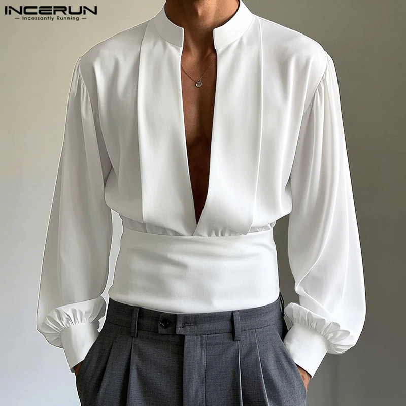 INCERUN Men Shirts Fashion Solid Color Tops V Neck Vintage Men's Clothing Party Tops Streetwear Oversize Summer Spring Blouse