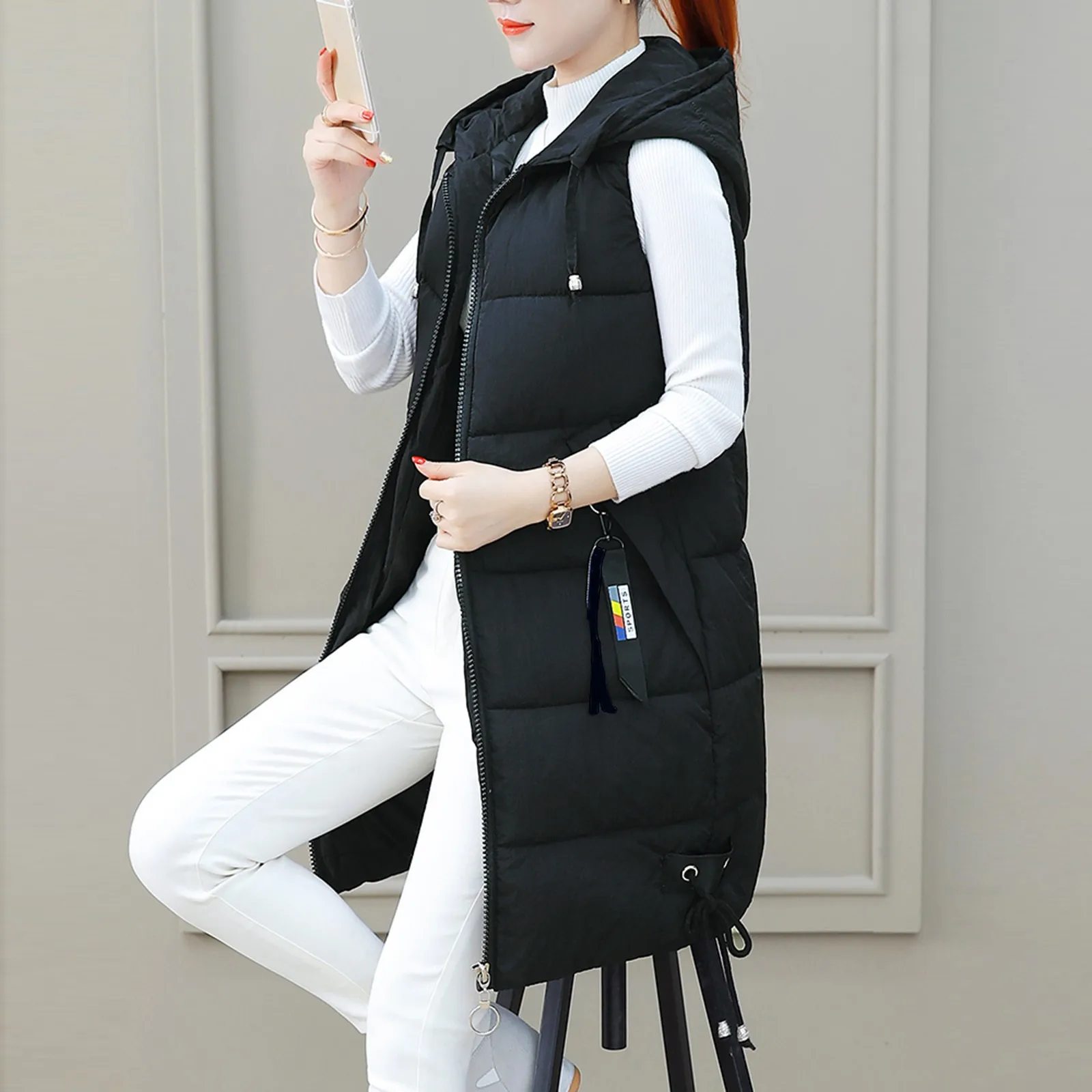 Colete sólido com capuz feminino com bolso com zíper, coletes soltos, jaqueta sem mangas, casaco longo, Casacos, Inverno, 2023