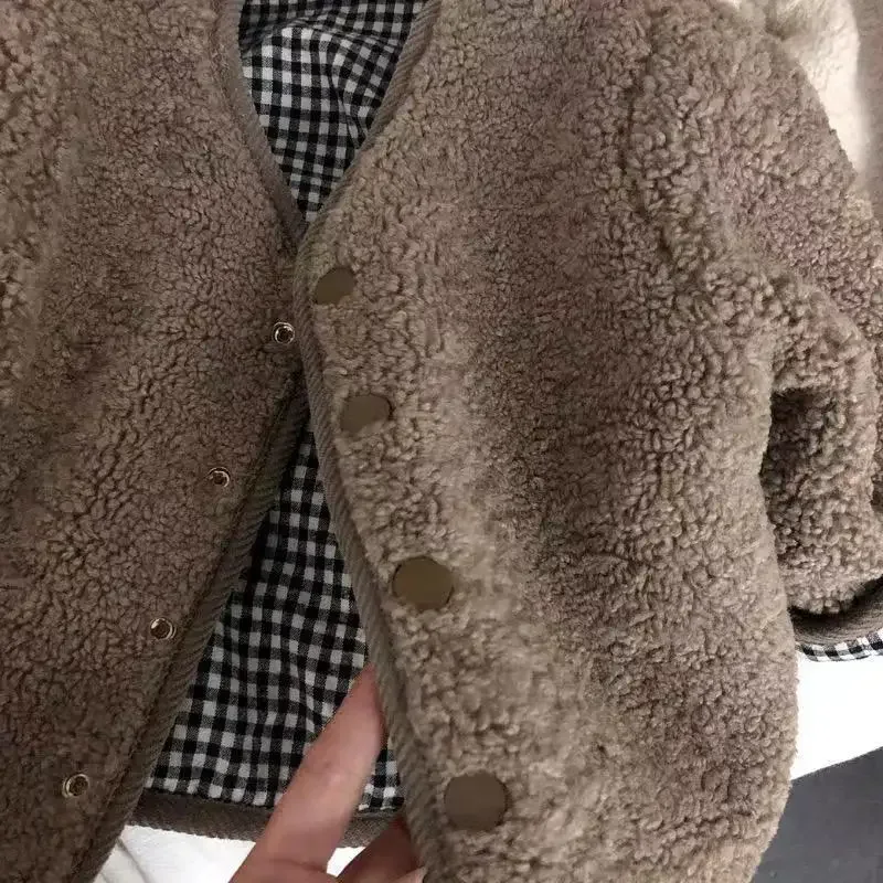 HoneyCherry Otoño e Invierno nueva chaqueta cálida niños dos lados usan chaqueta de felpa a cuadros chaquetas para niños