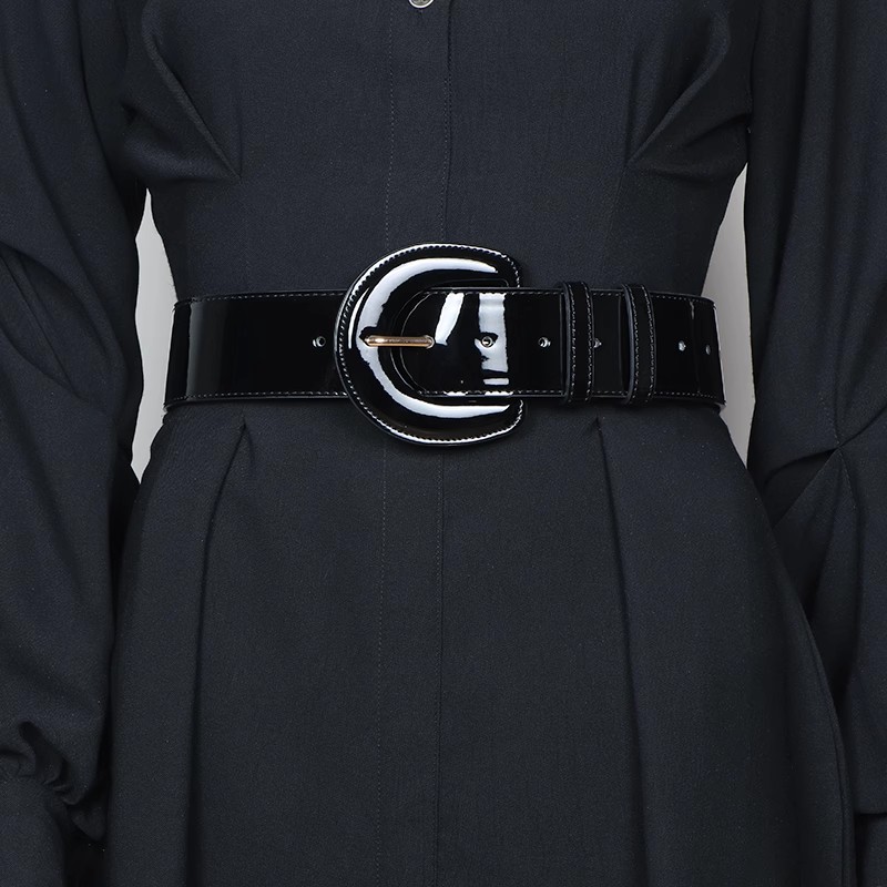 Espartilho de couro PU para mulheres, feminino, cós, decoração de vestido, cinto largo, patend de moda, J161