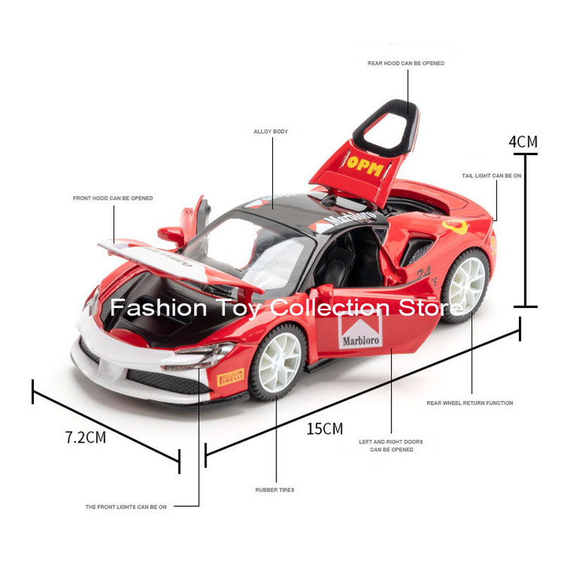 1: 32 Ferari SF90 Modelo de carro de liga de alta simulação Diecasts Toy com som e luz puxar para trás veículos decoração brinquedos para crianças