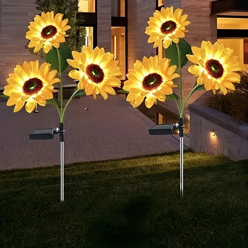 Luzes solares de girassol com 3 cabeças, estaca de jardim, decorativas ao ar livre, à prova d'água, luzes LED de paisagem para pátio, jardim, quintal
