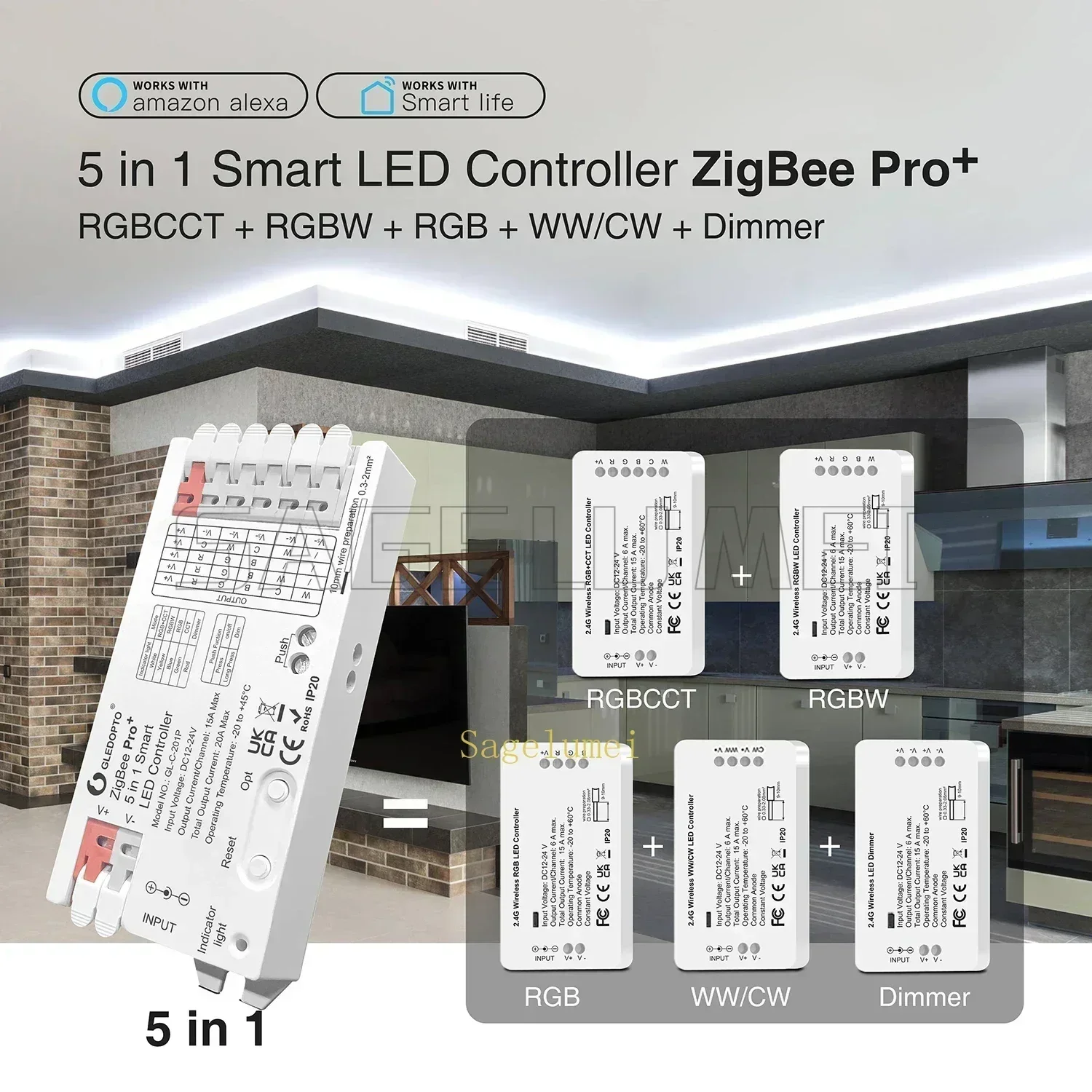 GLEDOPTO GL-C-201P/202P/203P 5 en 1 ZigBee 3,0 Pro + controlador LED RGB CCT RGBW RGBCCT tira de luz aplicación inteligente Control por voz