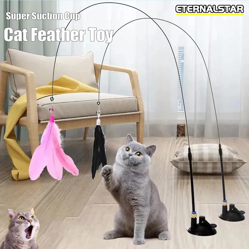 Kattenveerspeelgoed Teaser Feather Wand Interactief speelgoed Kattenspeelgoed met superzuignap Verwijderbaar 3PCS Feather Vervangingsspeelgoed