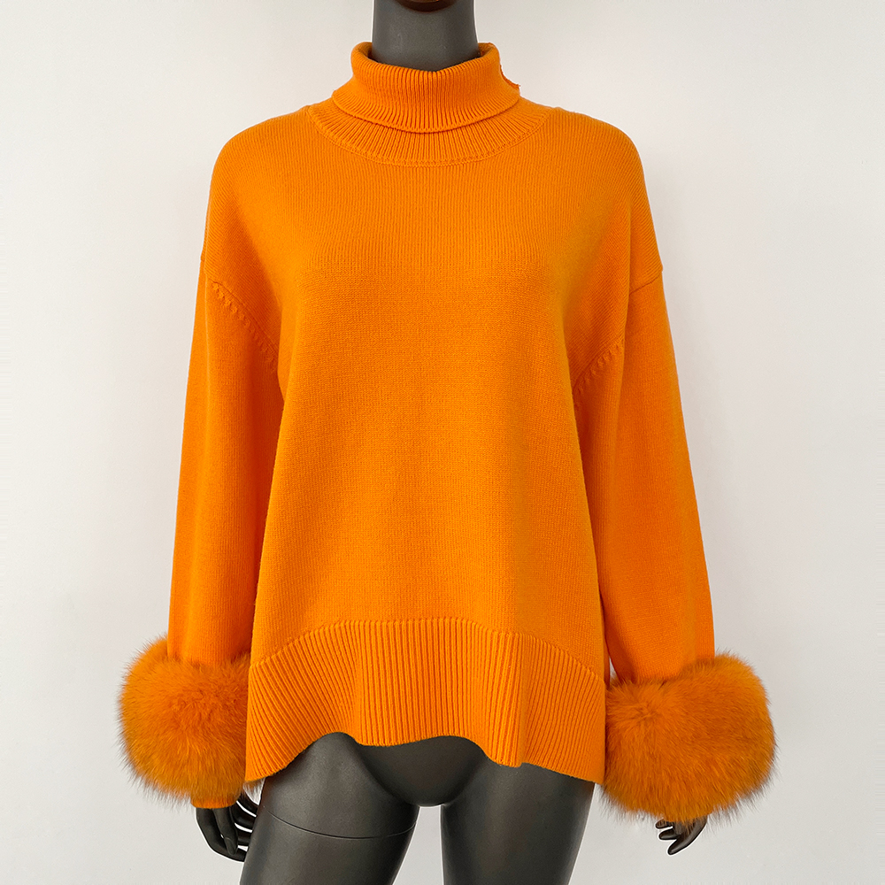 FURYOURSELF 2025, Damen-Wollpullover, übergroß, echtes Fuchspelz, Manschettenpullover, elegante Bürodame, Kleidung, lockerer Rollkragenpullover