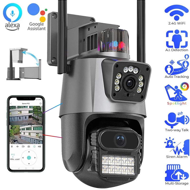 Cámara WiFi de 8MP para exteriores, cámara de seguridad con Zoom 8X, videovigilancia 4K, tres lentes, pantalla Dual, PTZ, ICsee, Alexa, NVR, CCTV de seguridad