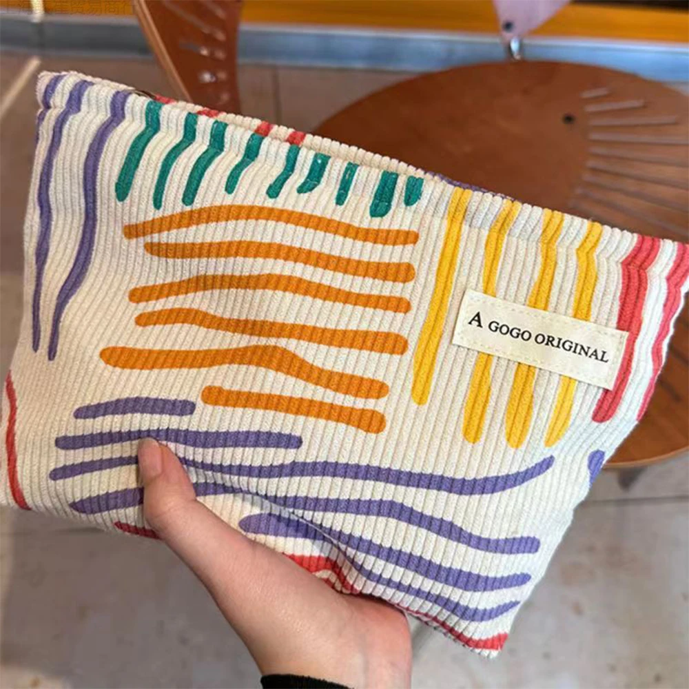 Bolsa de cosméticos de pana con rayas coloridas, neceser de viaje portátil, artículos diversos para el cuidado de la piel, bolsa de almacenamiento de maquillaje estético-zmt