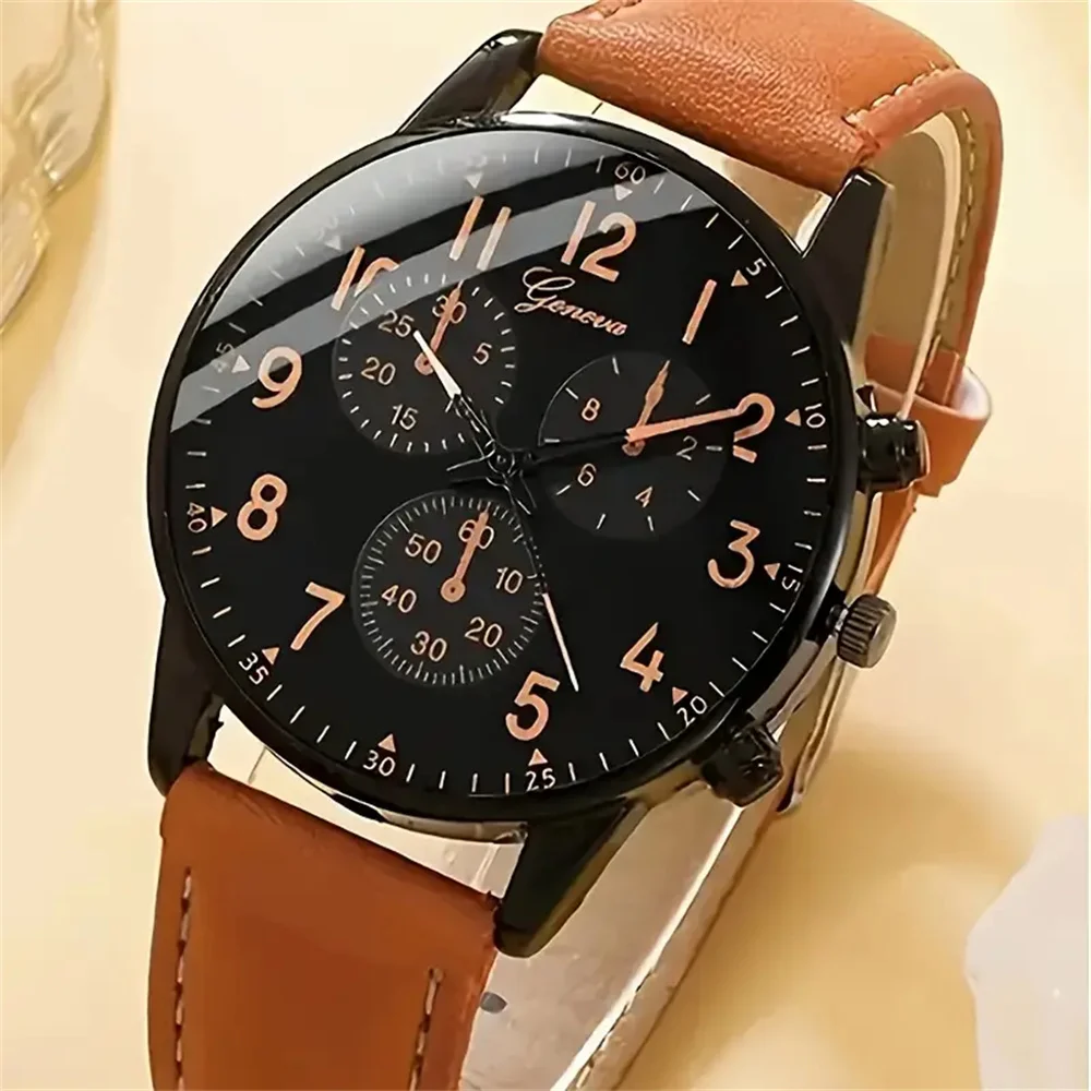 4 peças! Conjunto de relógio de quartzo da moda masculina com pulseira de couro sintético marrom e pulseira simples - exibição de data, sem à prova d'água, zinco Al