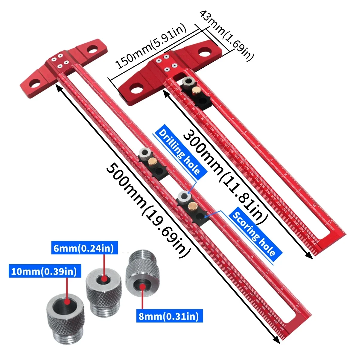 2 in 1 Drilling Positioning Scoring Ruler, Aluminum Alloy Versatile Dowelling Jig W- 6/8/10mm Drill Sleeves and Activity Block