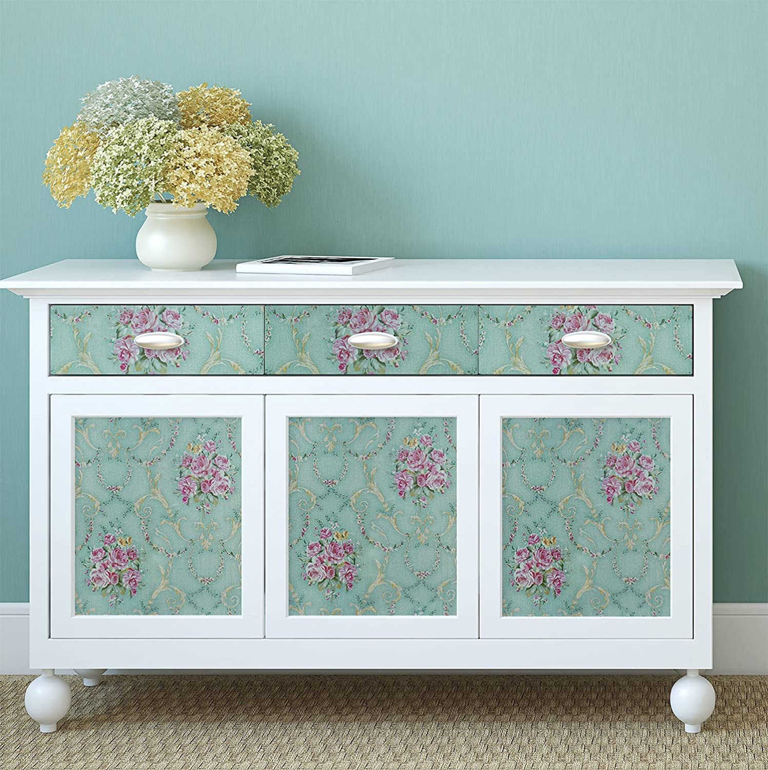 Papel de parede floral verde, casca e bastão, retrô, flor florescendo, vintage, papel de contato, backsplash, removível, autoadesivo