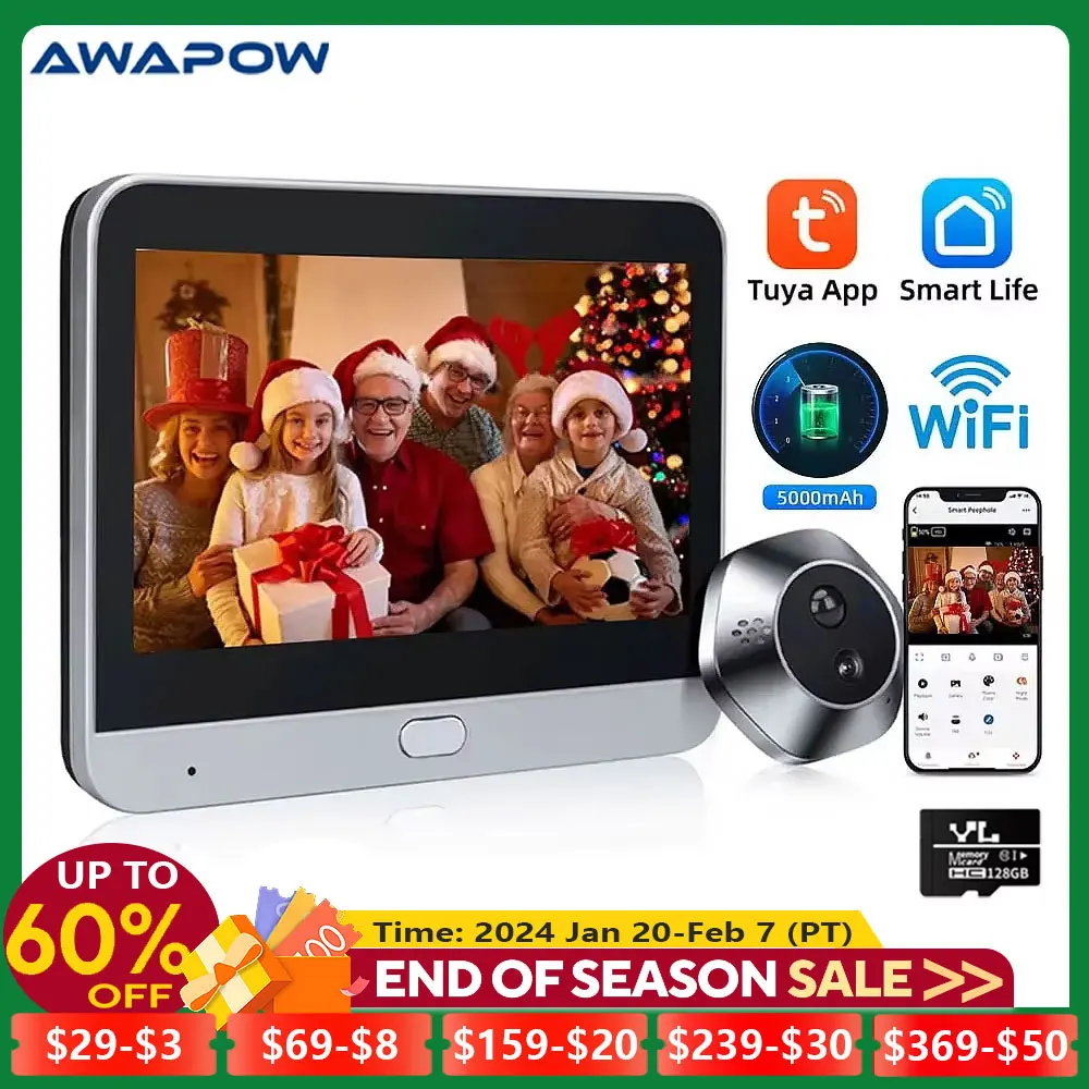 Awapow 4.3 Inch Video Doorbell Camera Motion Detection Smart Tuya Peephole Wifi Door Viewer 2-Way Audio Mini Camera Night Vision