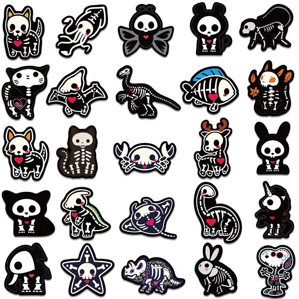 50pcs Cute Cartoon Animals Skeleton Skull Stickers for Laptop Water Bottle Luggage Notebook Waterproof Graffiti Vinyl Decals
