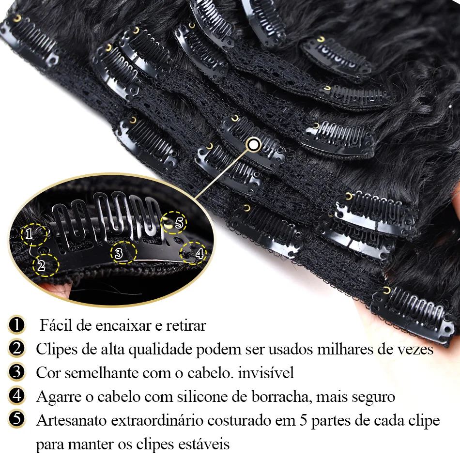 Grampo encaracolado sintético em extensões de cabelo natural extensões de cabelo clipe em 7 pçs cabeça cheia clipe orgânico em extensões