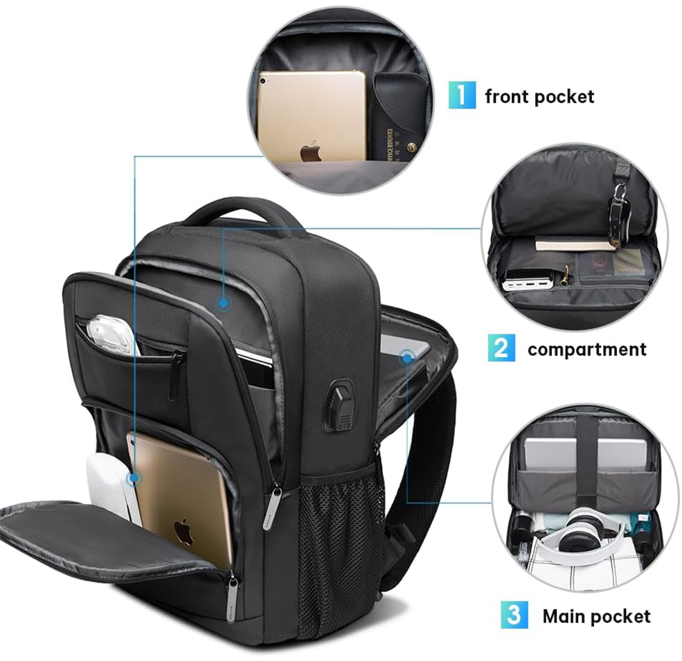 Zaino da viaggio per laptop adatto per laptop da 15,6 pollici per uomo e donna impermeabile con tasca laterale in rete porta di ricarica USB