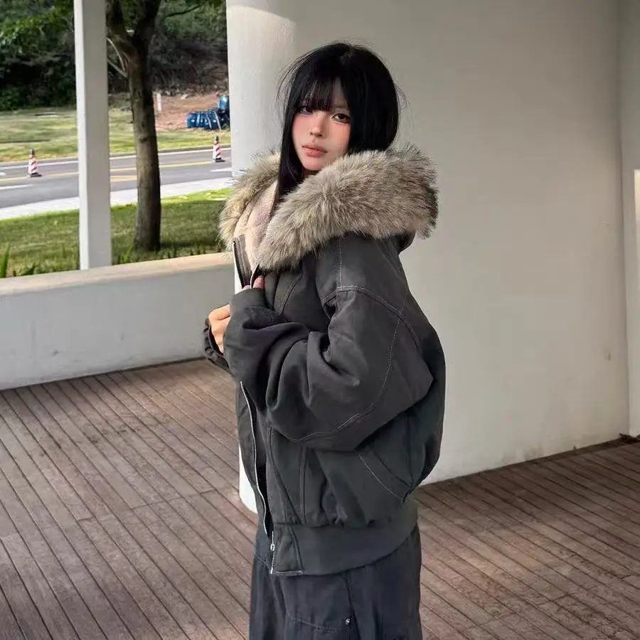 Jaqueta americana retrô com gola de lã, moda de inverno, estilo escolar pequeno, design com capuz, jaqueta curta de algodão