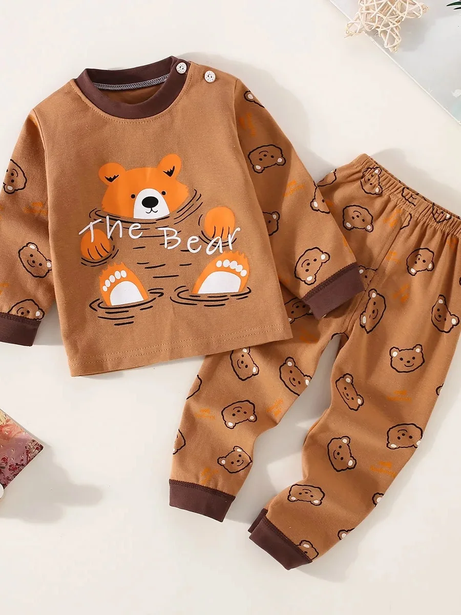 Conjunto de roupa íntima para meninos, letras de algodão e padrão de urso, top de manga comprida e calças combinando, conjunto de pijama