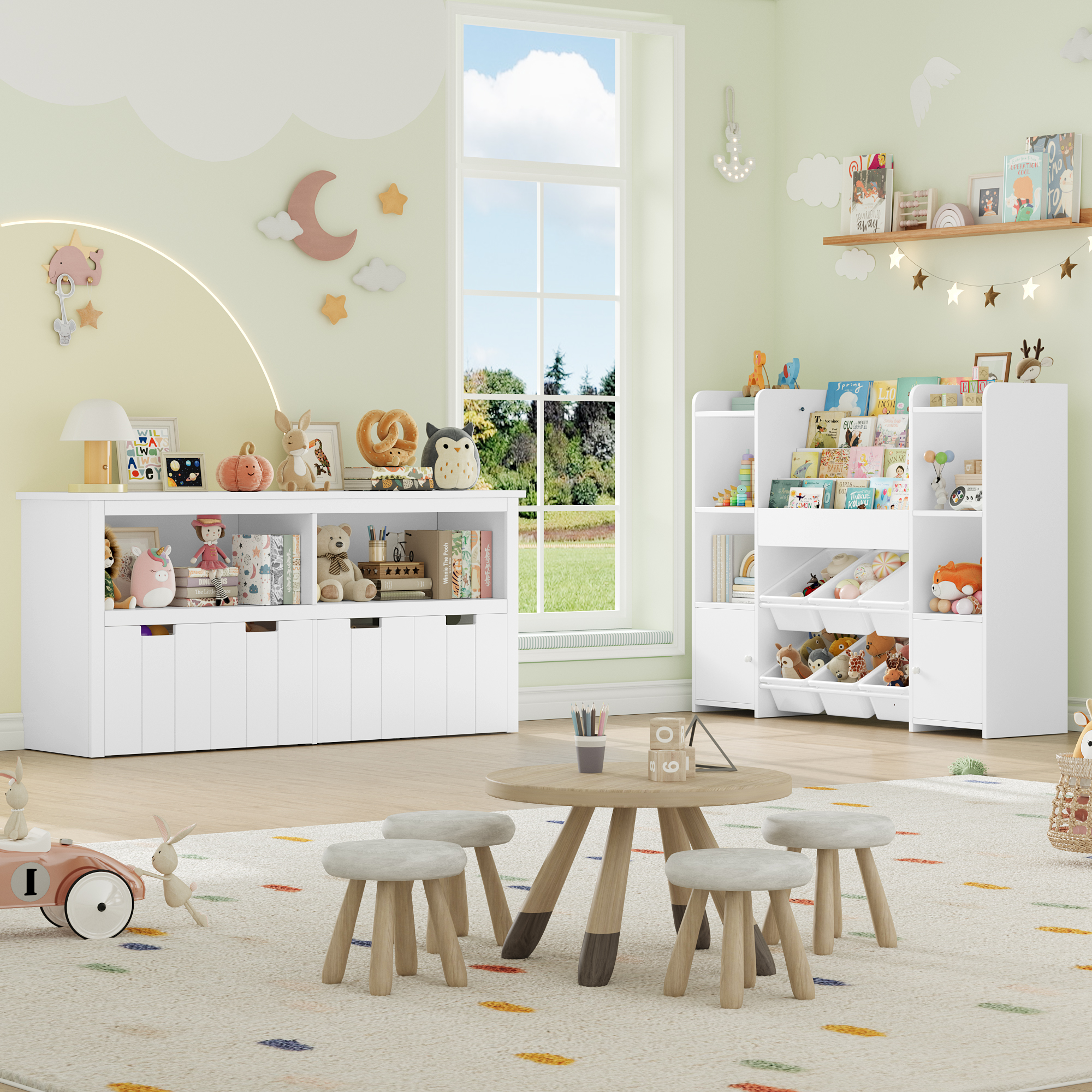 Getone Speelgoedopbergkast Kinderkast met 4 boks op rollen Kinderkamermeubel Speelgoedopbergkast 120x33x61,5 cm Wit