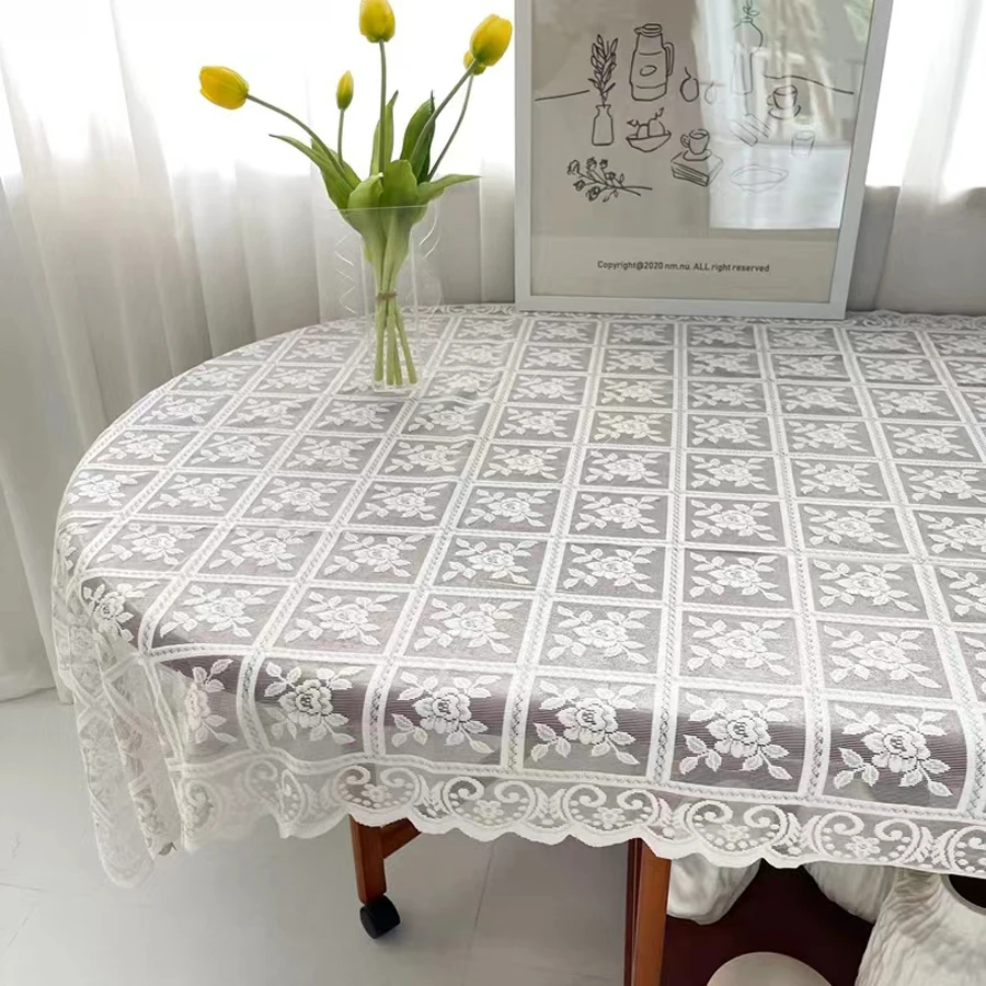 One Antique Embroidered Lace Tablecloth - Solid Color Elegant Flower Cut Process Polyester Square Tablecloth, 100% Polyester