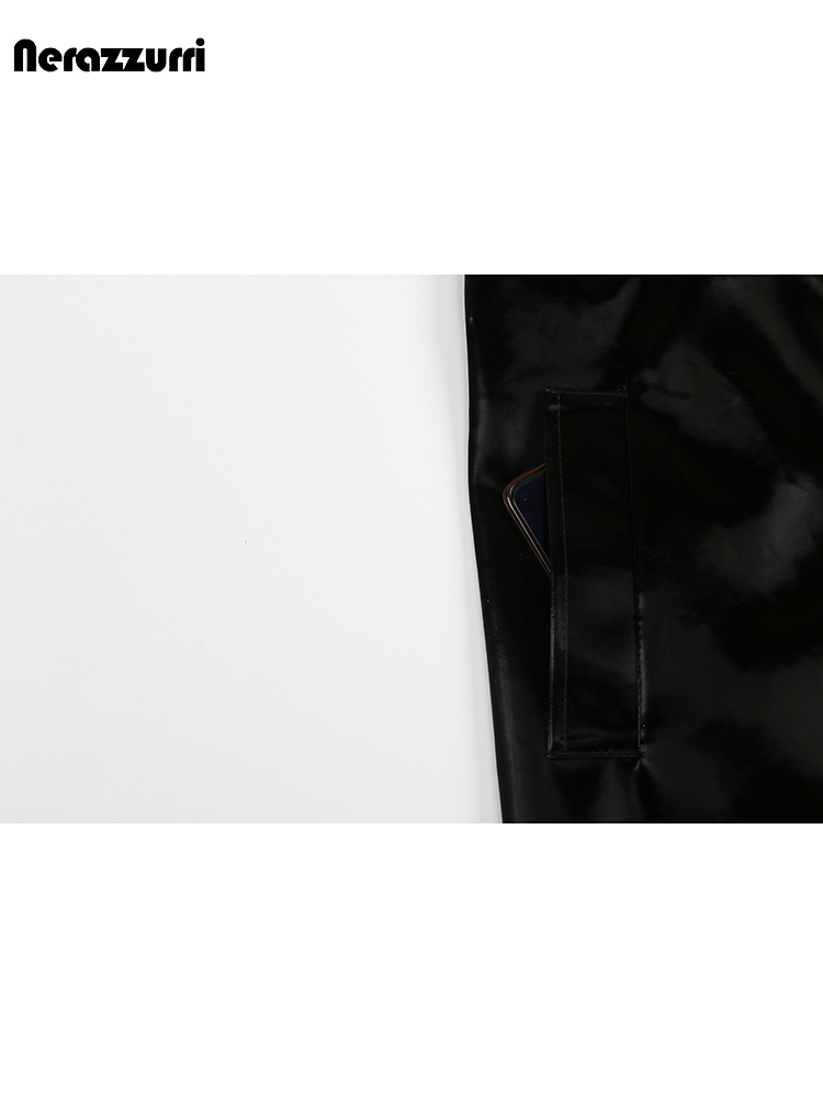 Nerazzurri ฤดูใบไม้ร่วงยาว Cool สีดําเงา Glitter สิทธิบัตรหนัง Faux Trench Coat สําหรับผู้หญิง Sashes Double Breasted ยุโรปแฟชั่น