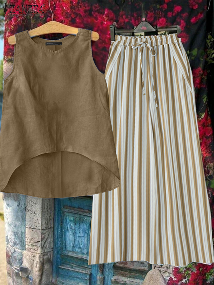 ZANZEA setelan celana 2 potong, setelan celana panjang kasual, longgar, tangki Hem tidak teratur, Solid, liburan, musim panas, dan celana Motif