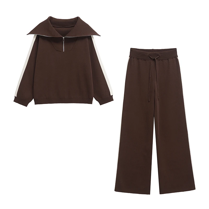 Willshela Moda damska 2-częściowy zestaw Brązowe bluzy z kapturem i spodnie z wysokim stanem w stylu vintage Feamle Chic Lady Zestawy spodni