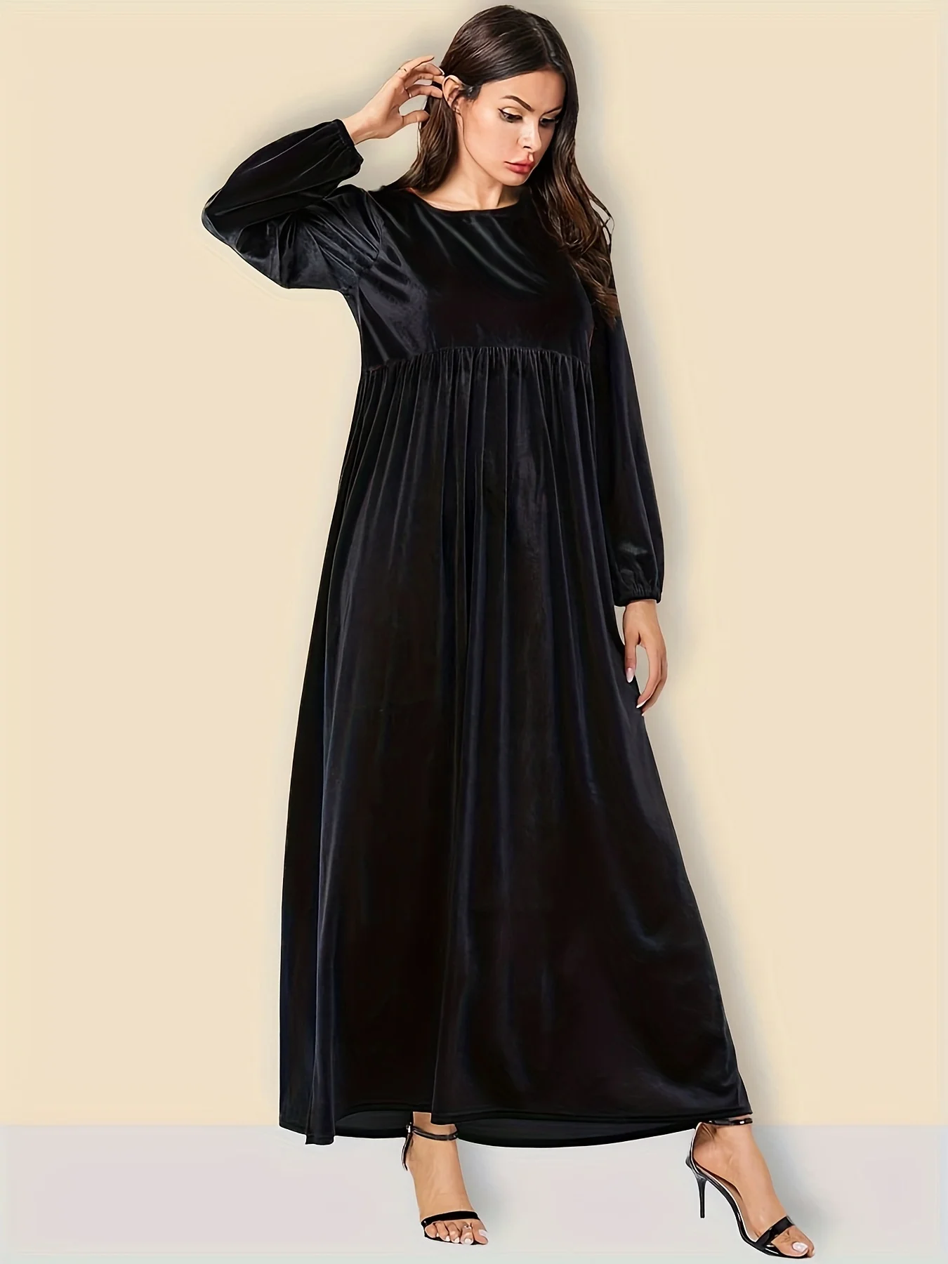 Plus Size Damen Herbst und Winter neues einfarbiges, schlankes, langärmliges Swing-A-Linien-Rockkleid aus Samt