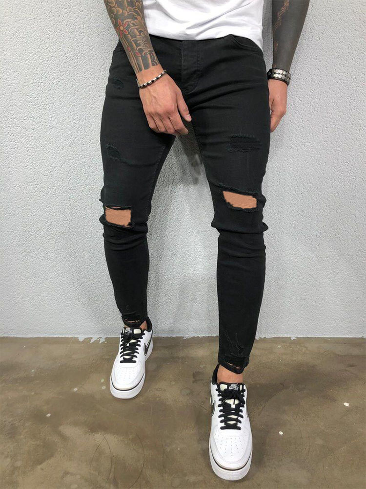 Pantalones vaqueros ajustados rasgados hasta la rodilla de estilo callejero a la moda, pantalones vaqueros lisos con lavado Vintage para hombre, pantalones informales ajustados para correr, ropa para hombre